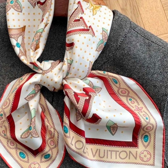 Cream and Red Silk Scarf - Picture 1 of 7